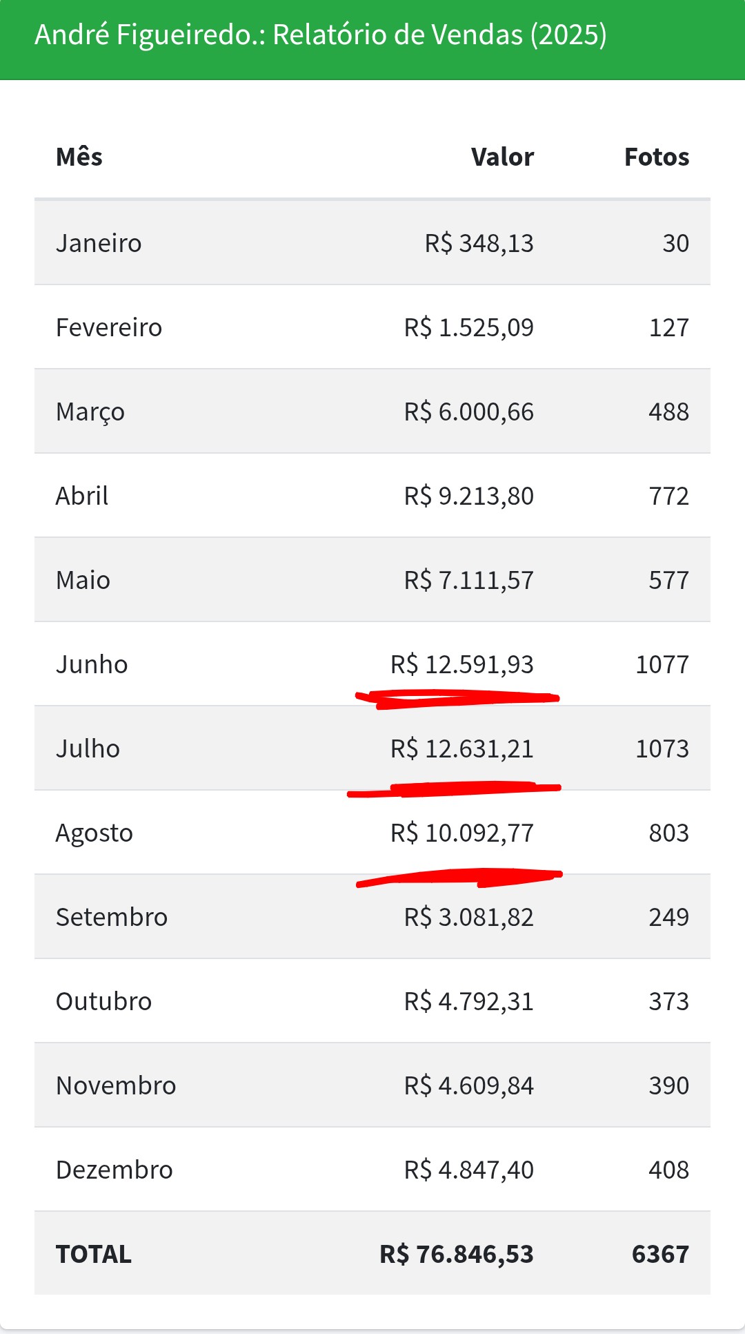 Relatório de vendas de 2025 com meses acima de dez mil reais